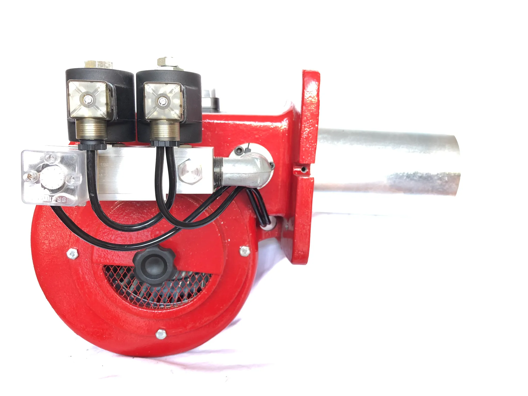 Queimador monobloco vermelho com ventilador integrado